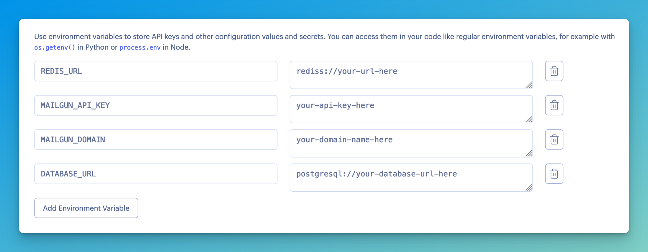 Environment variables added in Render.com including DATABASE_URL, REDIS_URL, MAILGUN_API_KEY, and MAILGUN_DOMAIN, with their respective values